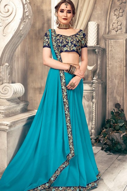 Embroidered Chiffon Saree in Blue