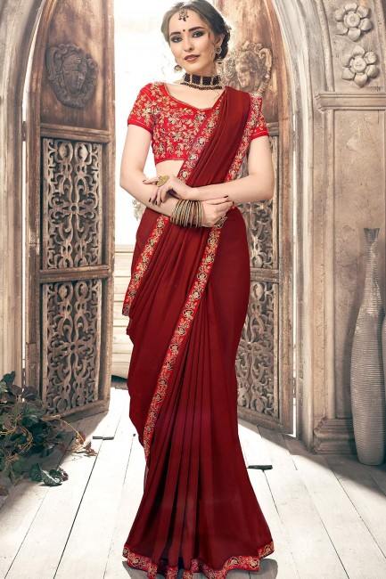 Chiffon Saree with Embroidered in Maroon