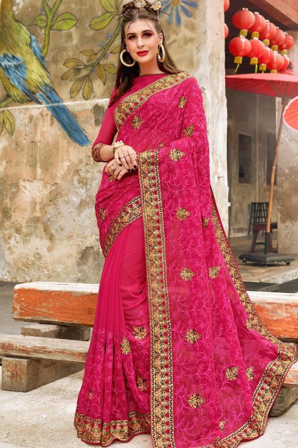 Rani Pink Georgette Embroidered Saree with Blouse