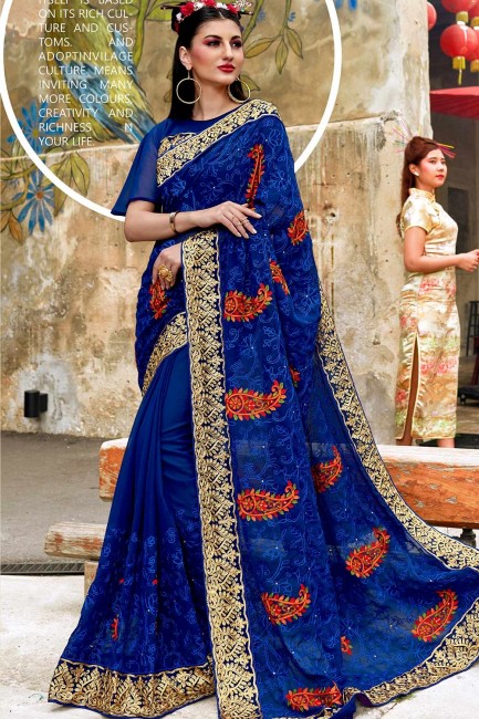 Royal Blue Embroidered Saree in Georgette