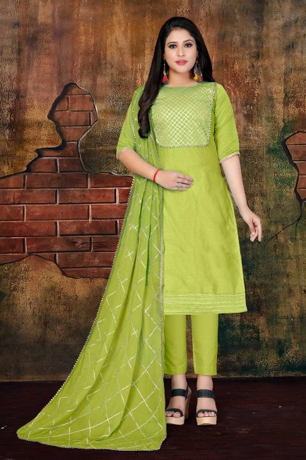 Art Silk Parrot Green Churidar Suits with dupatta