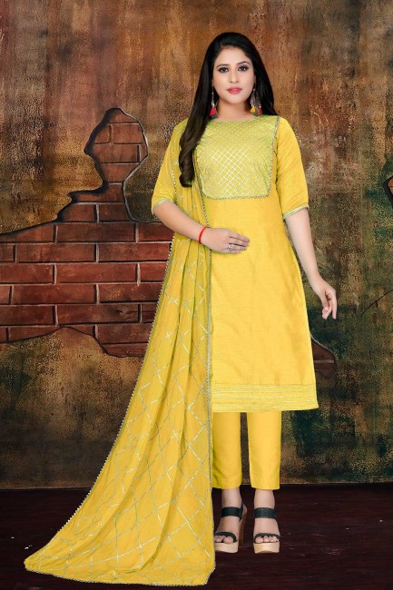 Art Silk Churidar Suits with Art Silk in Yellow