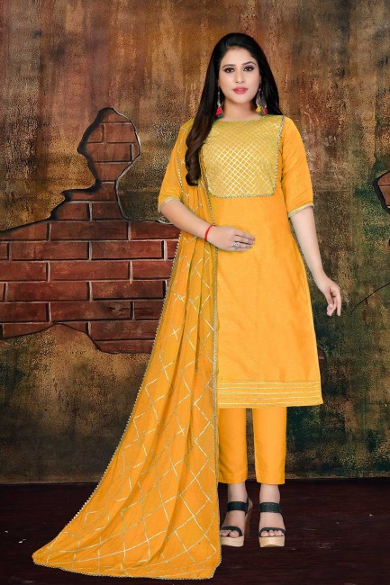 Musturd Yellow Art Silk Churidar Suits with dupatta