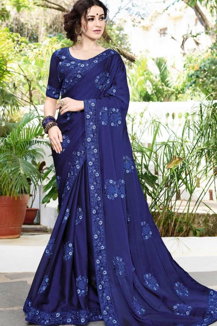 Royal Blue Saree in Chiffon & Satin with Embroidered
