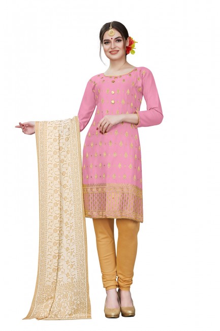 Traditional Pink Cotton Churidar Suits with Cotton