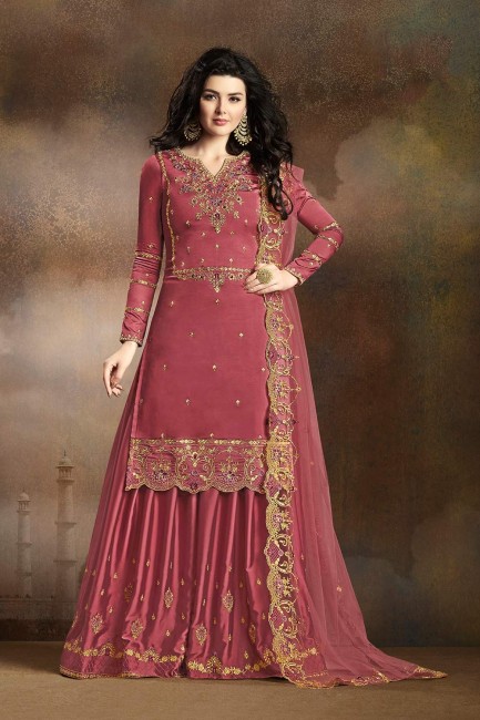 Old rose Pink Silk Sharara Suits with Silk
