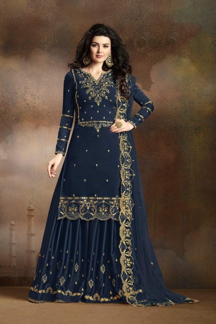 Navy Blue Sharara Suits with Silk