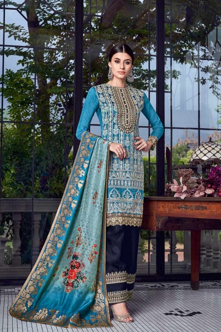 Silk Blue Sharara Suits with dupatta