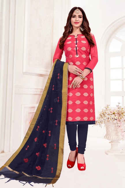 Silk Churidar Suits in Dark Pink with Jacquard