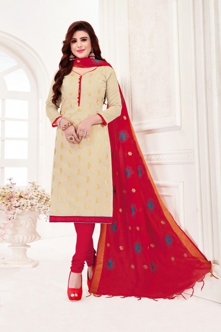 Cream Churidar Suits in Silk with Jacquard