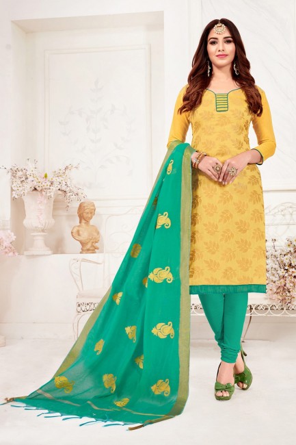 Silk Churidar Suits with Jacquard in Musturd Yellow