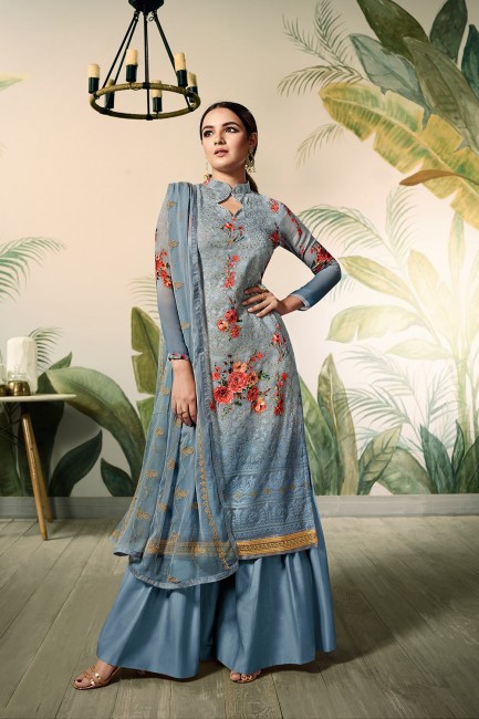 Sharara Suits in steel Blue Georgette with Georgette