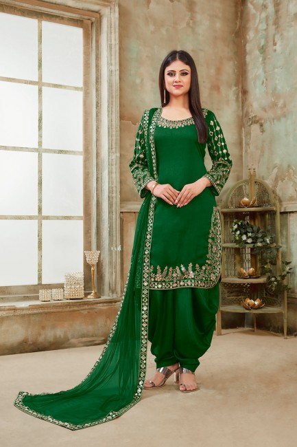 Art Silk Patiala Suits in Green with Art Silk