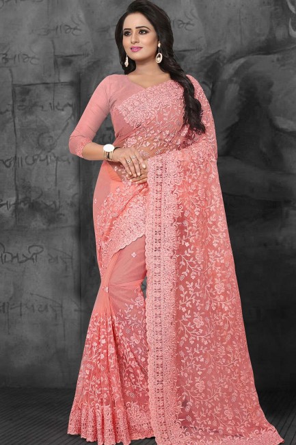 Saree in Pink Net with Embroidered