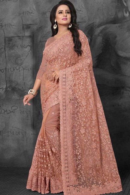 Peach Saree in Embroidered Net