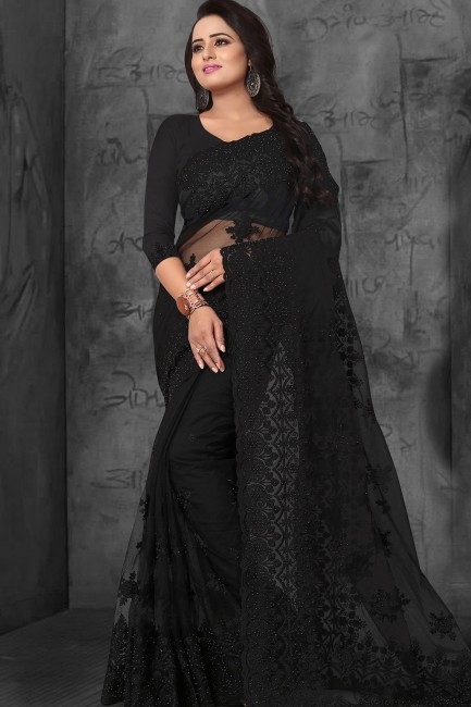 Dazzling Embroidered Net Saree in Black with Blouse
