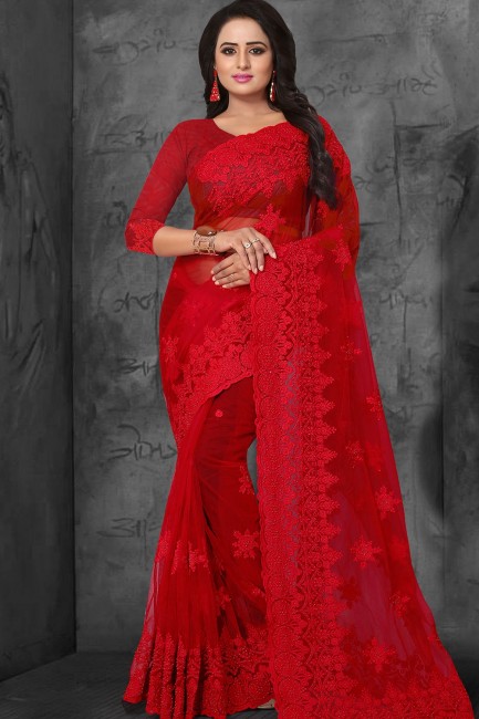 Embroidered Net Red Saree Blouse
