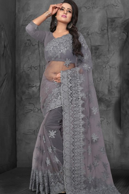 Grey Saree in Net with Embroidered