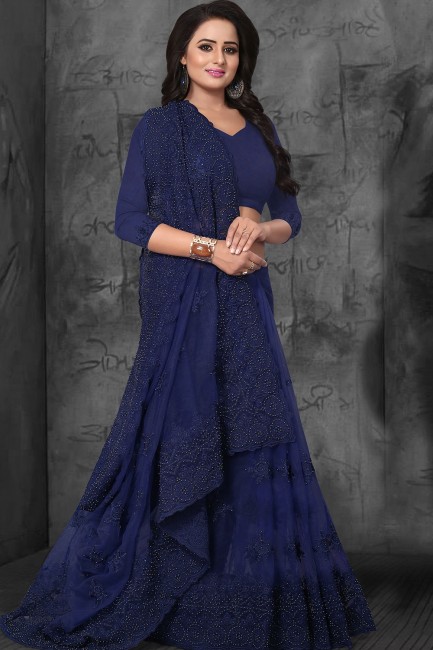 Navy Blue Net Saree with Embroidered