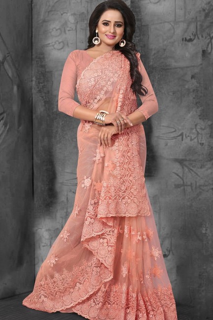 Net Saree in Peach with Embroidered