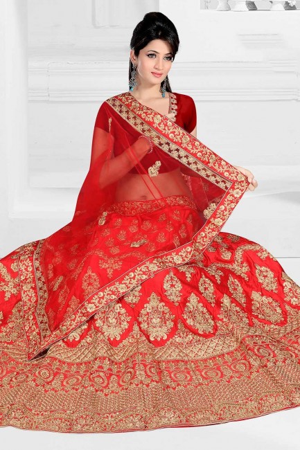 Fascinating Red Satin and silk Lehenga Choli