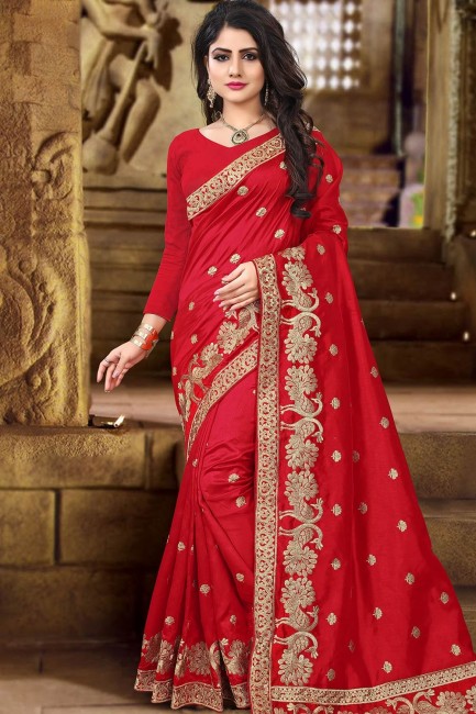 Art Silk Red Saree in Embroidered