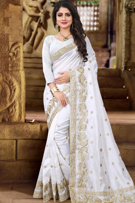 Embroidered Art Silk Saree in White with Blouse