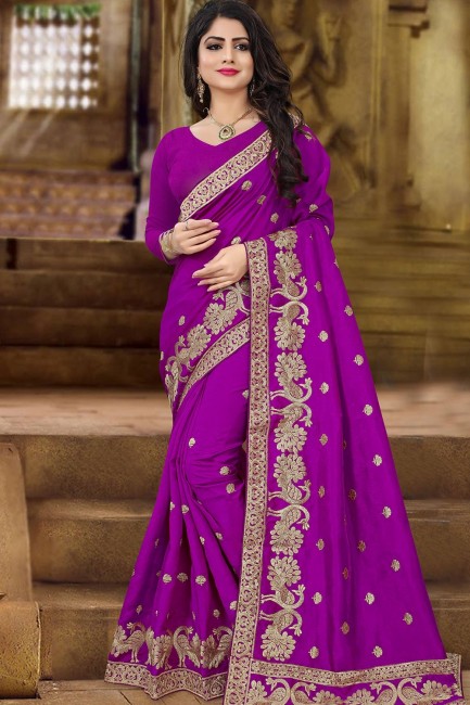 Ethinc Art Silk Saree with Embroidered in Purple
