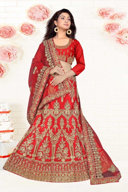 Fashionable Red Satin and silk Lehenga Choli