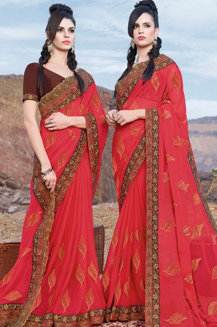 Exquisite Red Georgette Embroidered Saree with Blouse