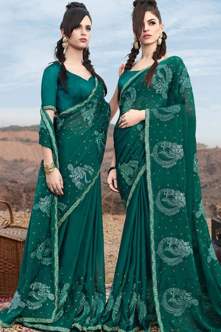 Teal Green Saree in Embroidered Georgette