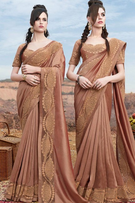 Beige Georgette Embroidered Saree with Blouse