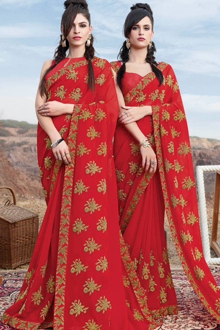 Luring Red Georgette Saree with Embroidered