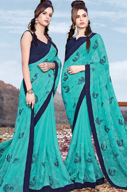 Embroidered Georgette Saree in sky Blue with Blouse