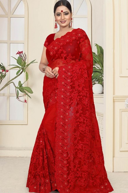 Red Net Embroidered Saree with Blouse