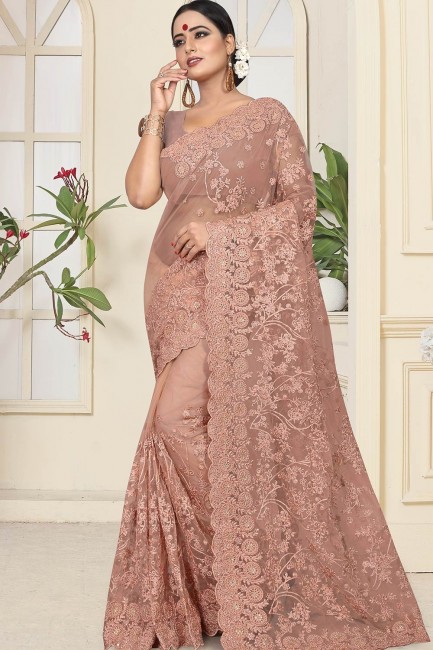 Dusty Peach Saree in Embroidered Net