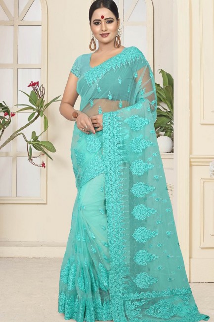 Net Saree with Embroidered in Turquoise Blue 