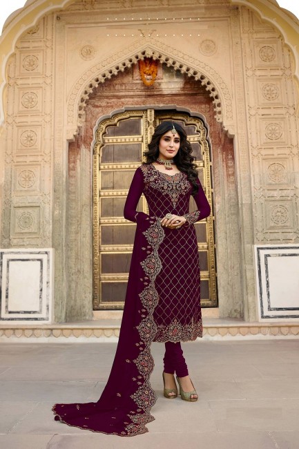 Wine  Churidar Suits in Satin Georgette with Satin Georgette