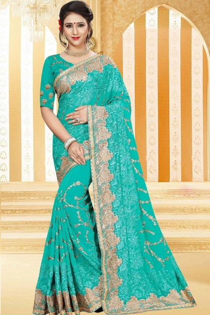 Embroidered Georgette Turquoise Blue  Saree Blouse