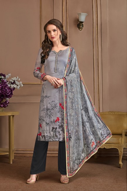 Satin Georgette Grey Palazzo Suits with dupatta