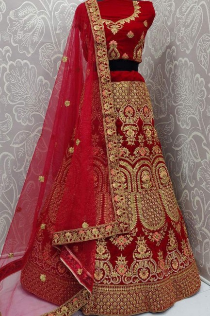 Classy Velvet Bridal Lehenga Choli in Red