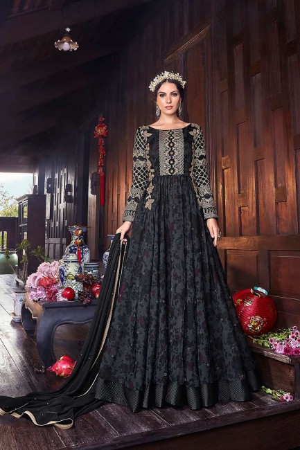 Silk Anarkali Suits in Black with Silk