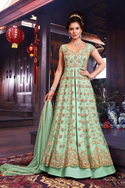 Net Anarkali Suits in Light Green Net