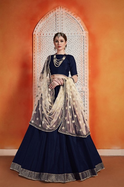 Dazzling Navy Blue Lehenga Choli in Art Silk with Embroidery