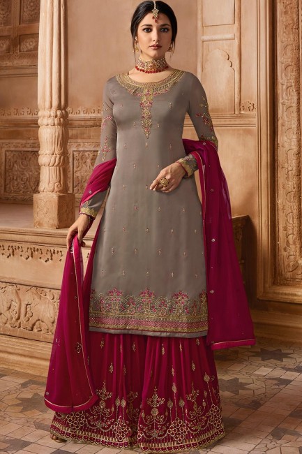 sand Grey Sharara Suits with Satin Georgette Satin Georgette