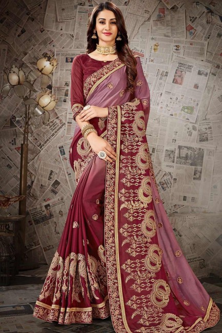 Pink & Maroon Saree in Embroidered Chiffon