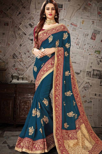 Art Silk Saree in Blue with Embroidered