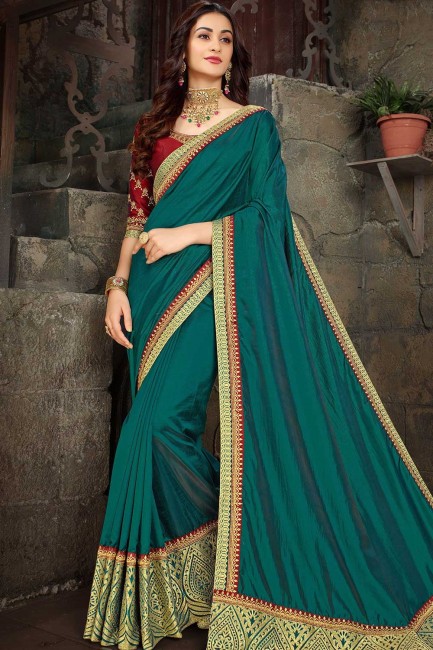 Latest Ethnic Embroidered Art Silk Saree in Teal Blue