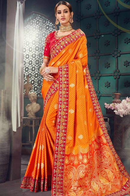 Orange Saree in Embroidered Jacquard & Silk