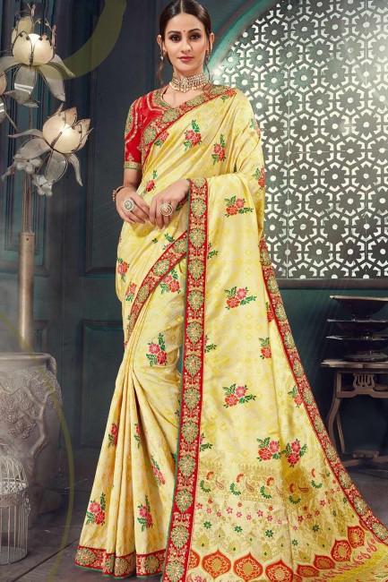 Jacquard & Silk Saree in Light Yellow with Embroidered